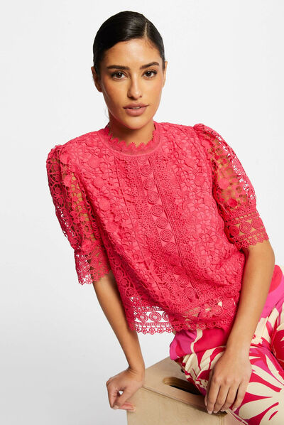 Blouse manches courtes en dentelle rose moyen femme