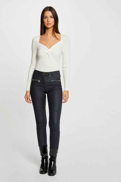 Pantalon skinny enduit détails zippés marine femme
