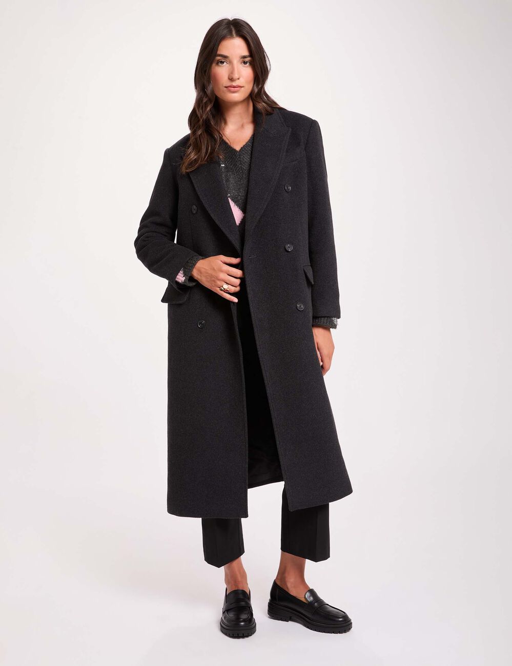 Manteau long col tailleur denim gris fonce femme