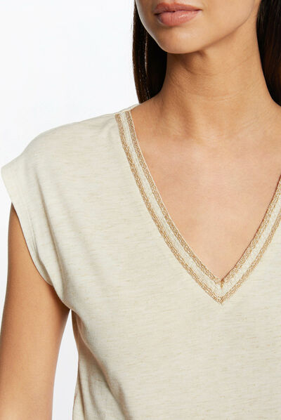 T-shirt manches courtes à col en V sable femme