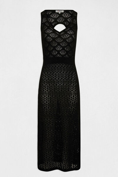 Robe pull longue droite ajourée noir femme
