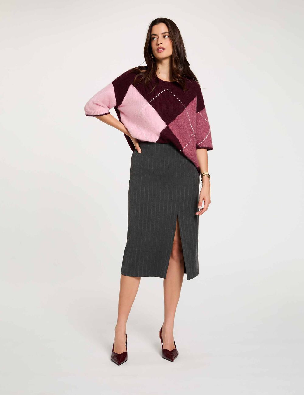 Pull jacquard col rond prune femme