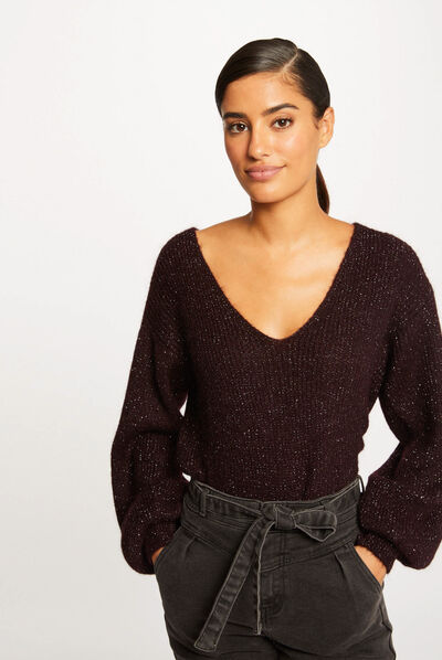 Pull manches longues à col en V prune femme