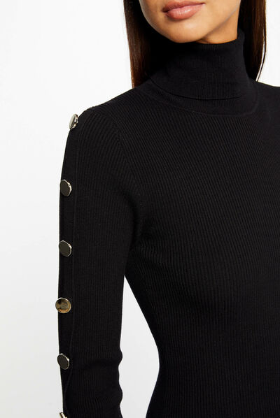Robe pull ajustée col roulé et boutons noir femme