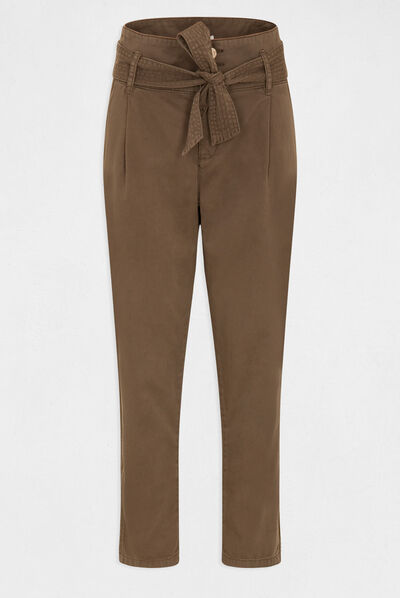 Pantalon carotte ceinturée 7/8ème vert kaki femme