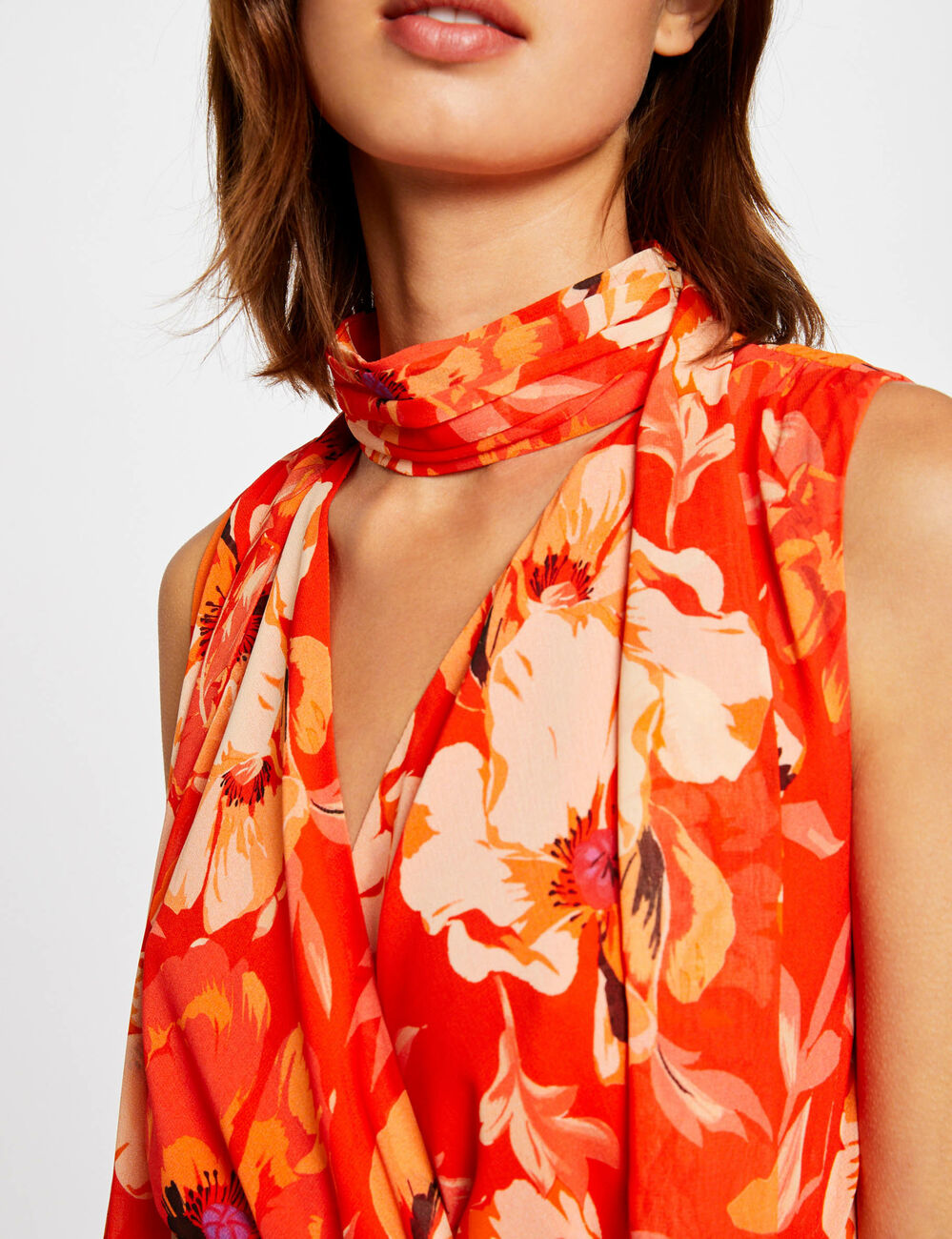Robe longue droite fendue imprimé floral orange femme