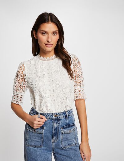 Blouse manches courtes en dentelle ivoire femme