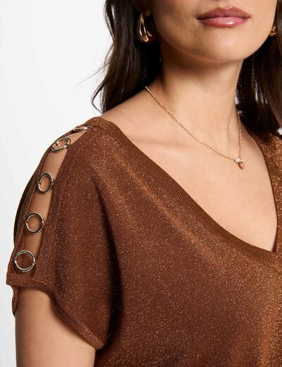 Pull col en V manches courtes marron cognac femme