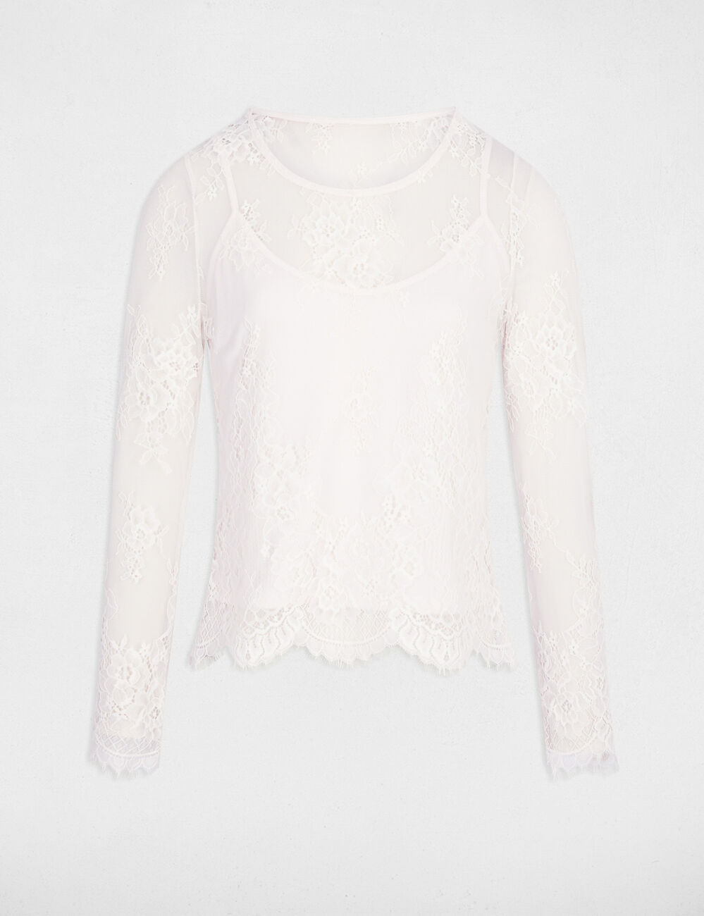 T-shirt dentelle manches longues ivoire femme