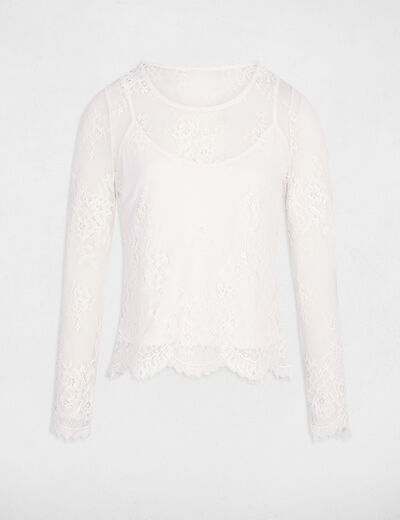 T-shirt dentelle manches longues ivoire femme