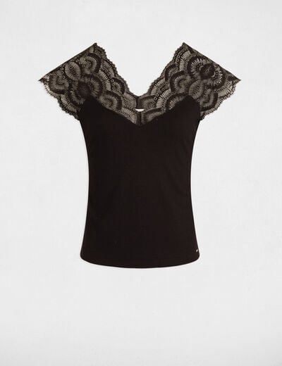 T-shirt dentelle col v noir femme