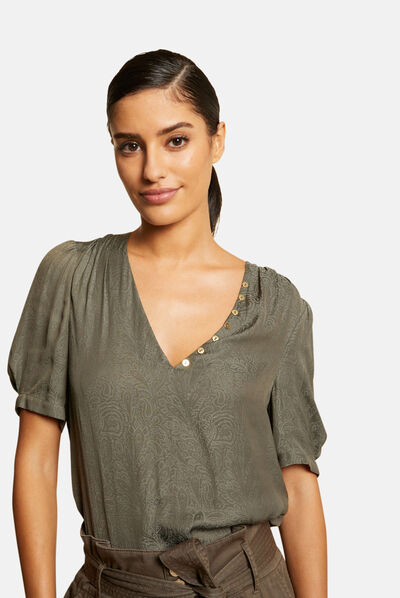 Blouse manches courtes imprimée vert kaki femme
