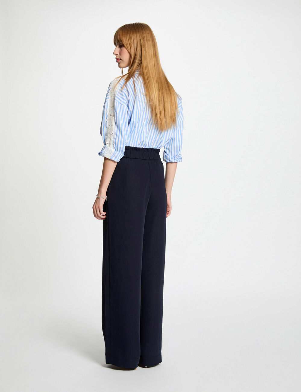 Pantalon large à fronces bleu marine femme