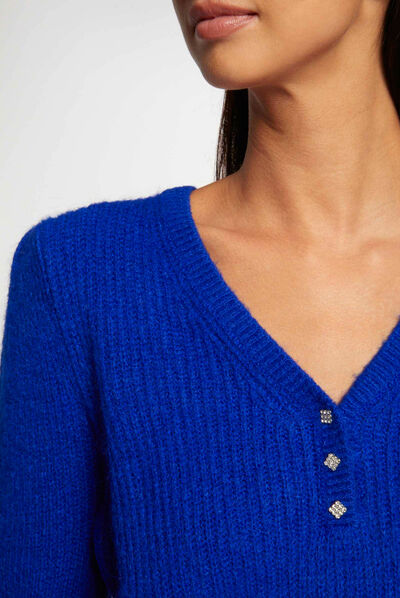 Pull manches longues col en V bleu electrique femme