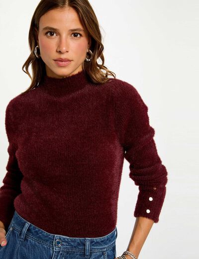 Pull manches longues maille duveteuse prune femme