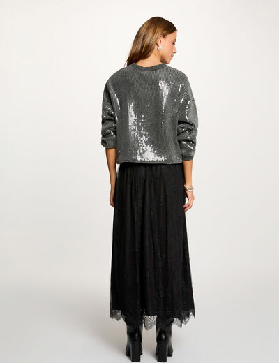 Pull sequins col rond gris fonc&eacute; femme