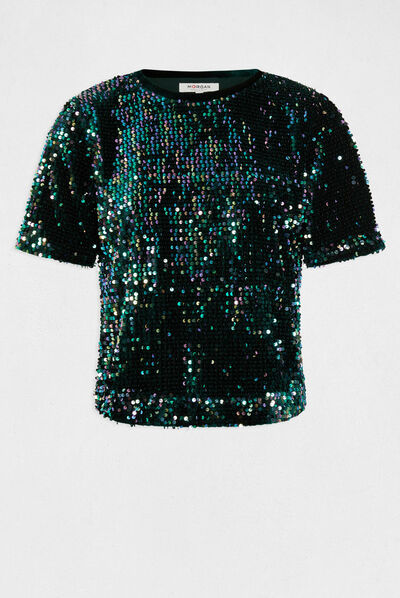 T-shirt manches courtes à sequins vert fonce femme