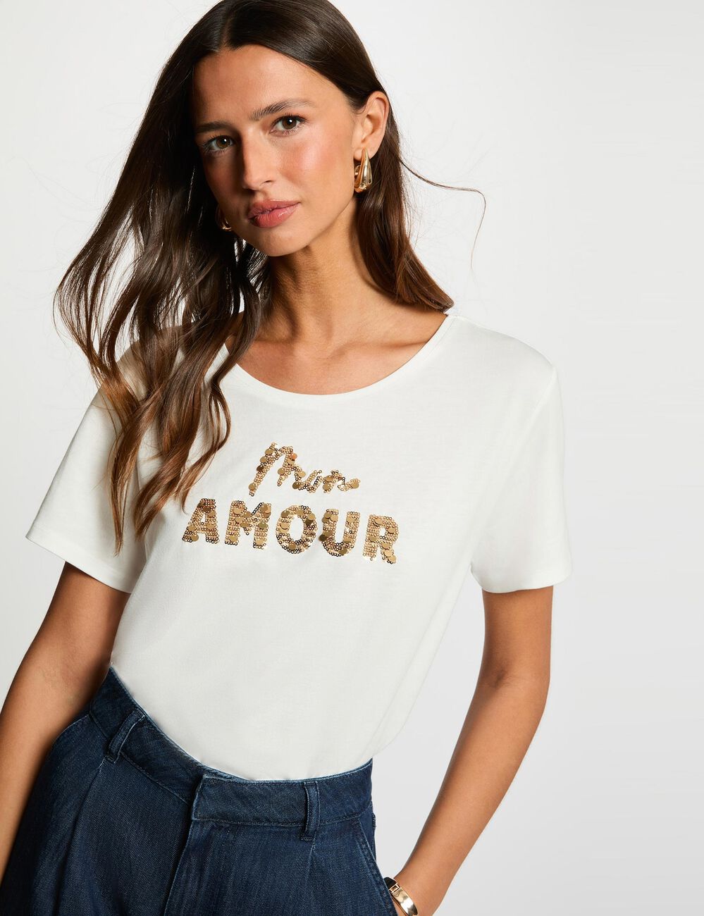 T-shirt brod&eacute; sequins blanc femme