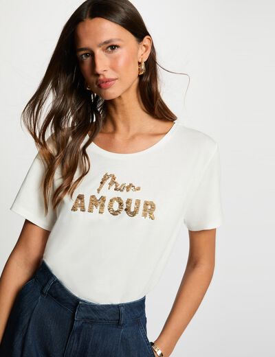 T-shirt brod&eacute; sequins blanc femme