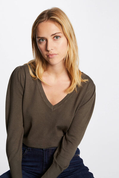 Pull manches longues avec col en V vert kaki femme