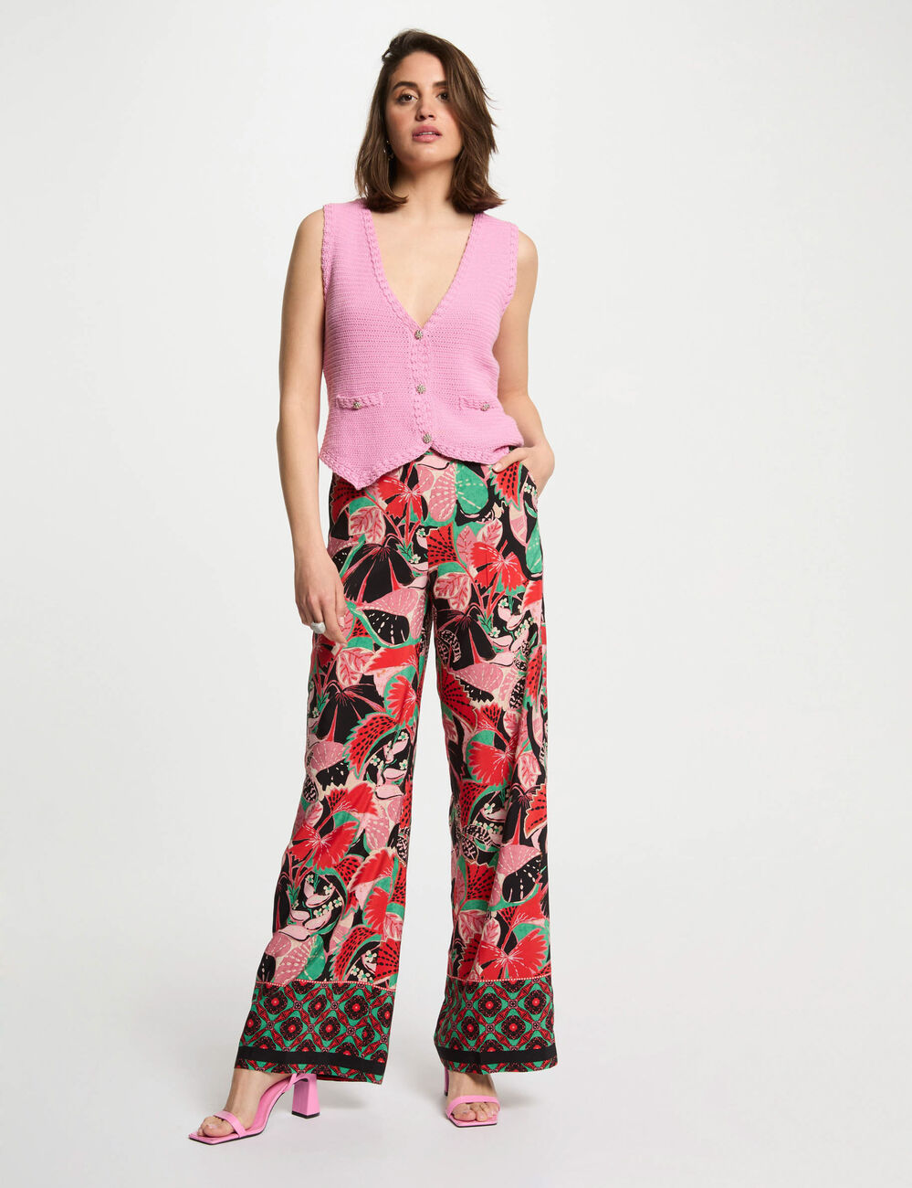 Pantalon large imprim&eacute; multicolore femme