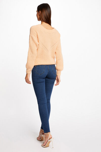 Pull manches longues à col en V orange clair femme