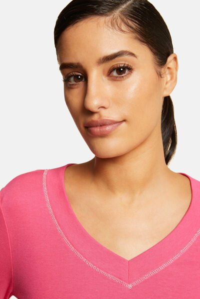 T-shirt manches longues avec col en V fuchsia femme
