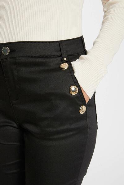 Pantalon slim enduit à pont noir femme