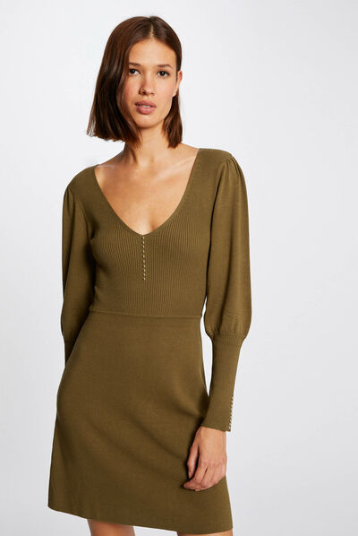 Robe pull patineuse avec col en V vert moyen femme