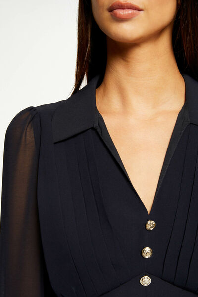 Blouse manches longues avec plis marine femme
