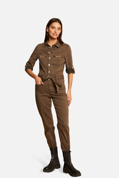 Combinaison droite ceinturée vert kaki femme