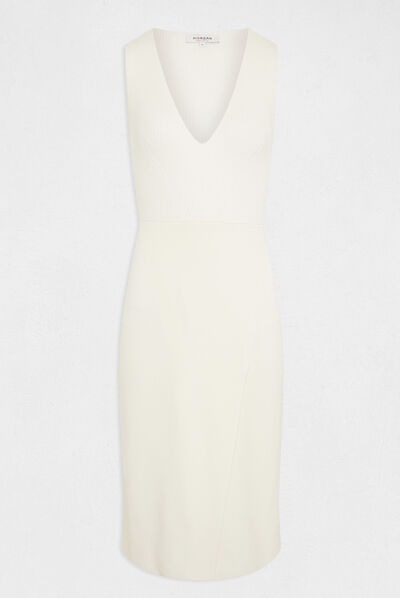 Robe pull midi ajustée col en V ivoire femme