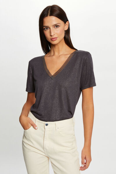 T-shirt manches courtes à paillettes gris anthracite femme
