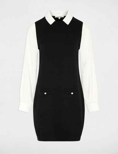 Robe tricot col &agrave; revers noir femme