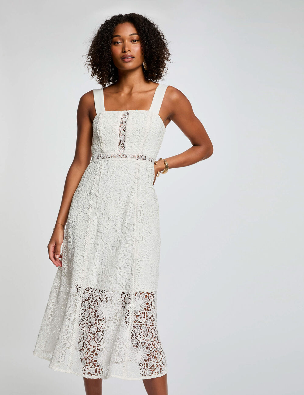 Robe midi trap&egrave;ze dentelle blanc femme