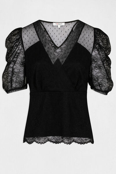 T-shirt manches courtes à dentelle noir femme
