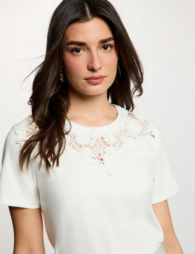 T-shirt dentelle col rond blanc femme