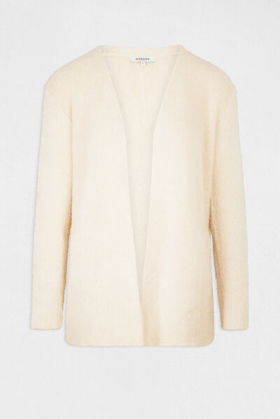 Gilet long maille duveteuse rose clair femme