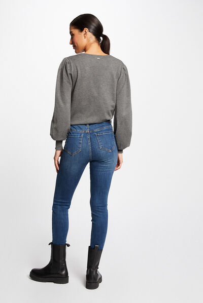 Pull manches longues à col en V gris anthracite femme
