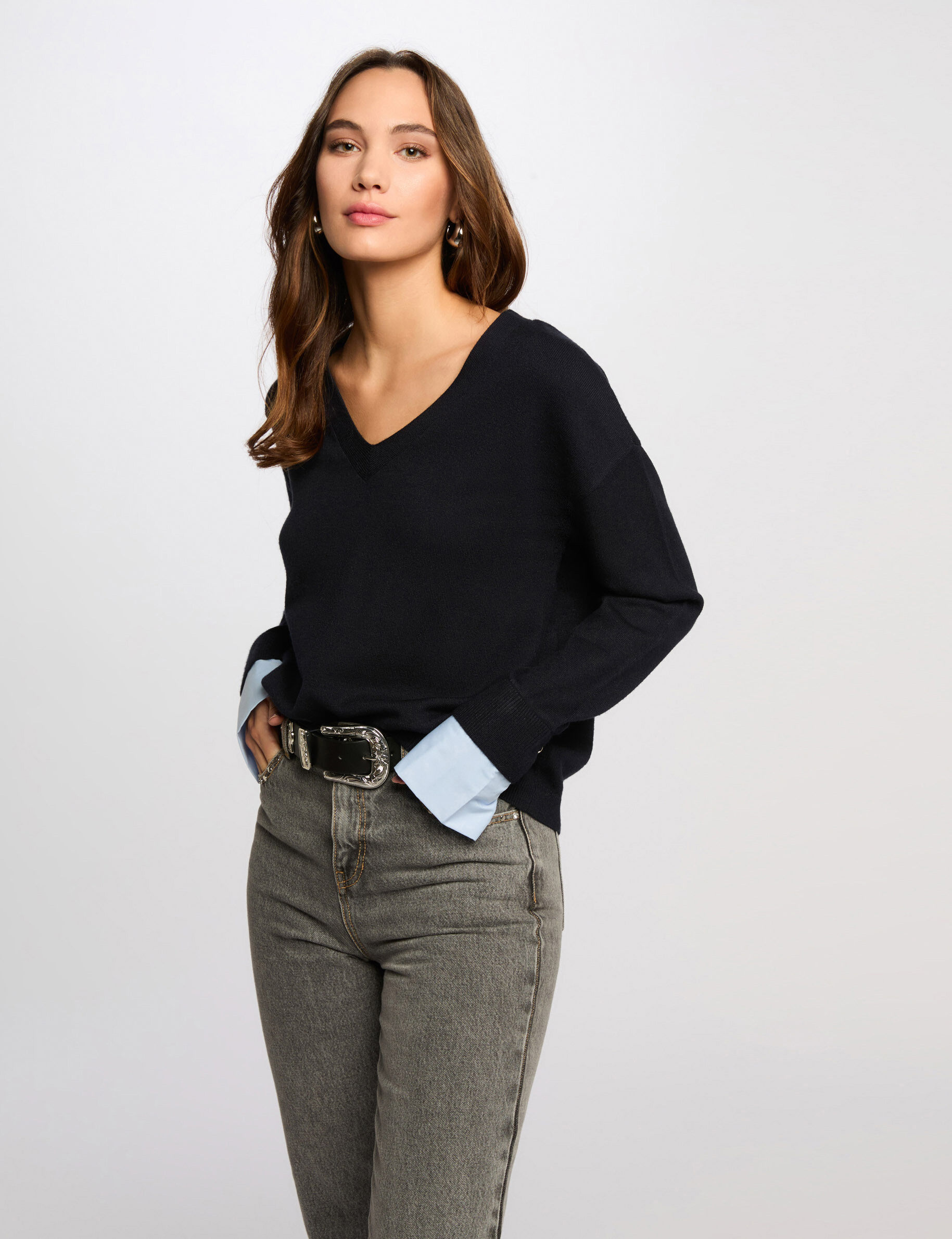 Pull col en V bleu marine femme - Morgan - Modalova