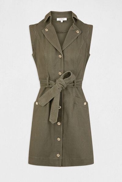 Robe droite boutonnée ceinturée vert kaki femme