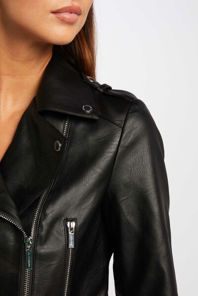 Blouson droit avec col cranté à revers noir femme