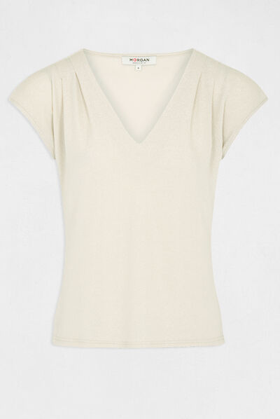 T-shirt manches courtes à col en V ivoire femme