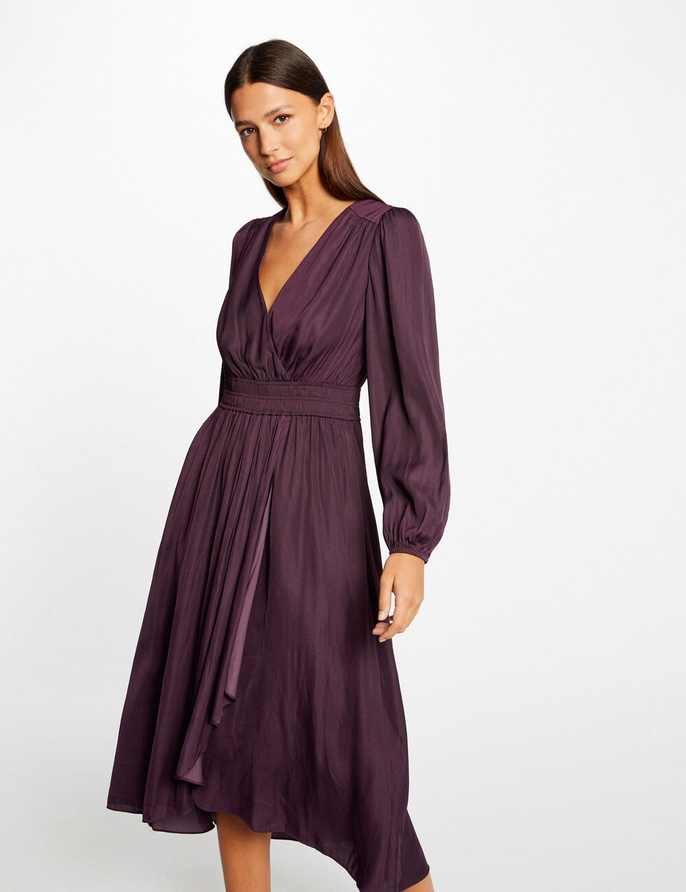 Robe midi portefeuille satin prune femme
