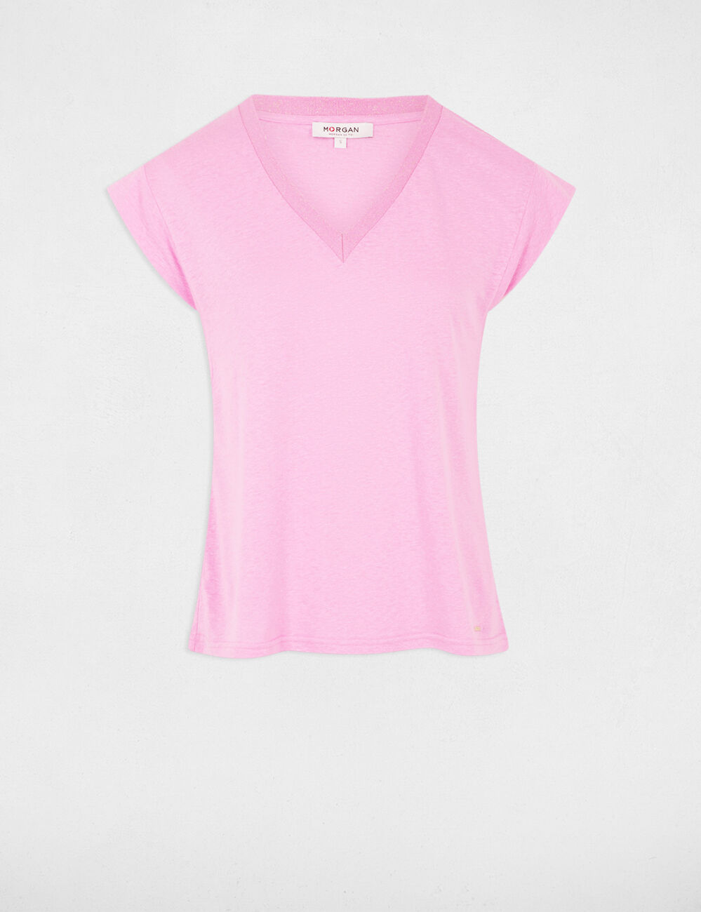 T-shirt manches courtes à col en V rose femme