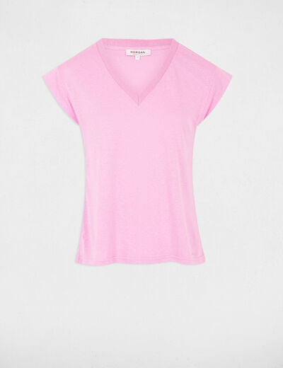 T-shirt manches courtes à col en V rose femme