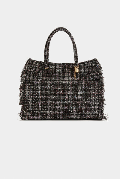 Sac cabas rectangulaire avec franges noir femme