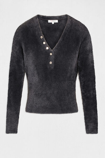 Pull manches longues à col en V gris anthracite femme