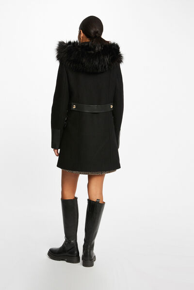 Manteau droit zippé à capuche noir femme