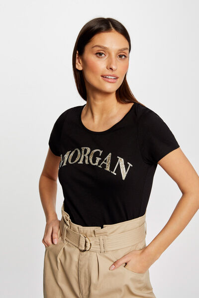 T-shirt manches courtes à inscription noir femme